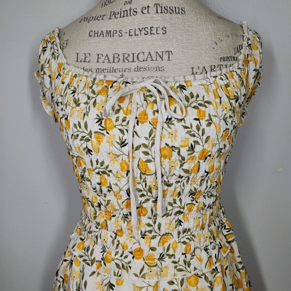 Kirious Los Angeles Mini Dress Womens Small Fruit Print Linen Blend Smocked Cute